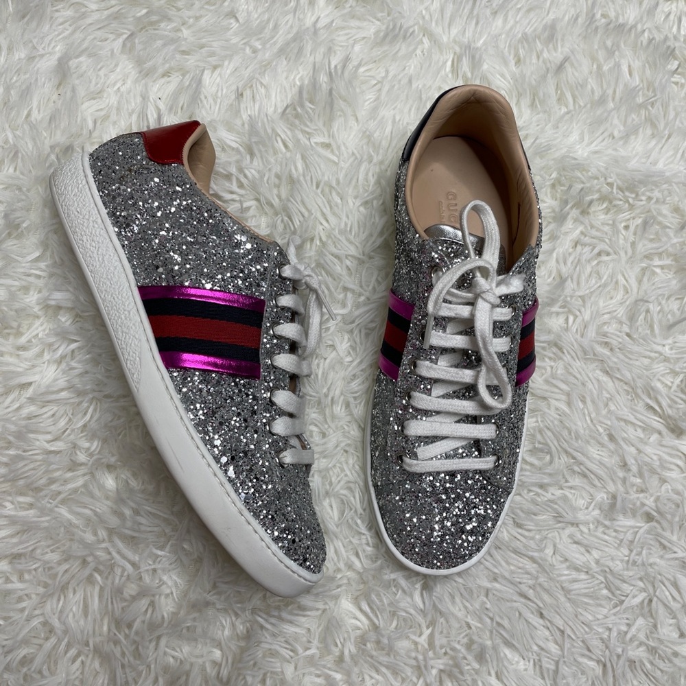 Gucci Silver Glitter Sneakers with Pink and Black Web - Picture 8 of 11